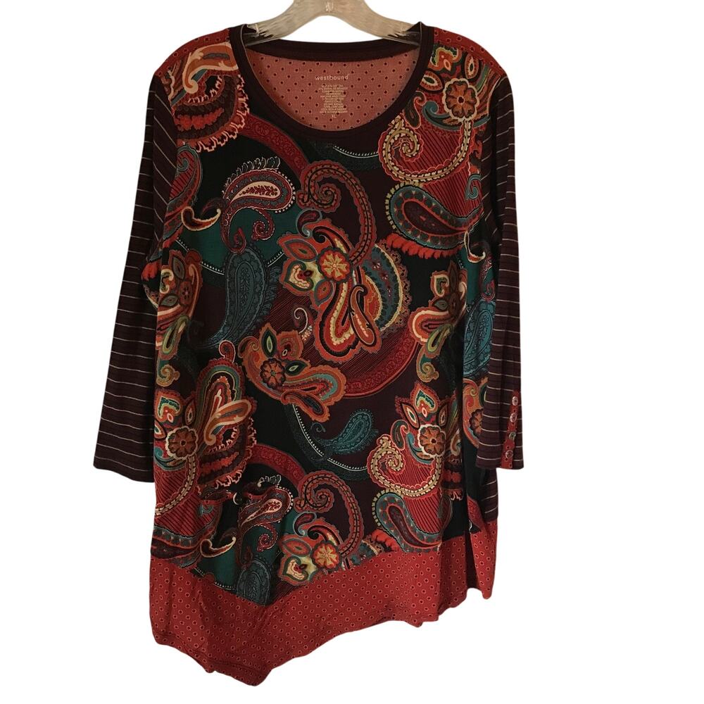 Westbound Top Blouse XL Womens Long Sleeve Paisley Handkerchief Hem Multicolor